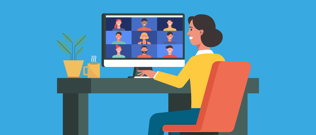 Stylized graphic of a woman sitting at her computer and viewing a screen. The screen contains a grid with several smiling faces.