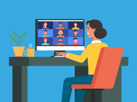 Stylized graphic of a woman sitting at her computer and viewing a screen. The screen contains a grid with several smiling faces.